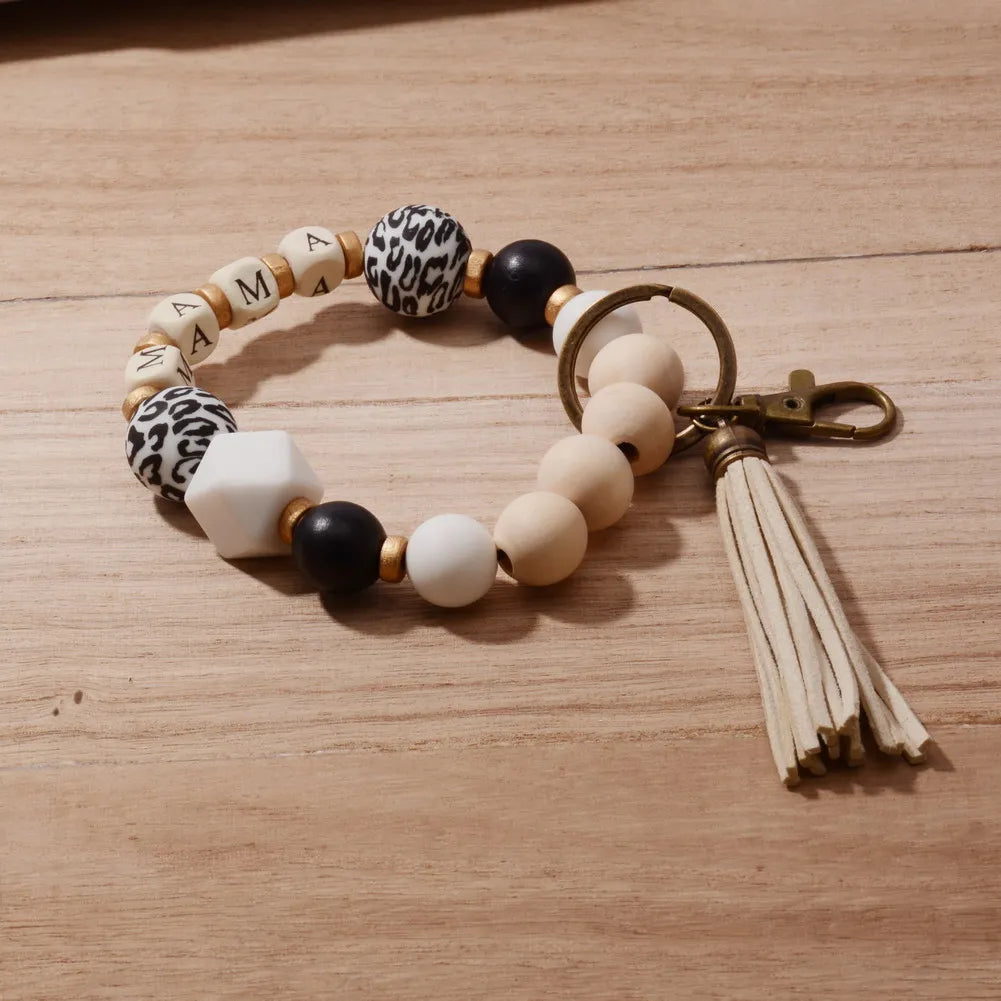 2022 New Boho Leopard Sunflower Silicone Bead NANA Wristband MAMA Key Chain Pendant Custom Name Charm Mother's Day Jewelry Gift