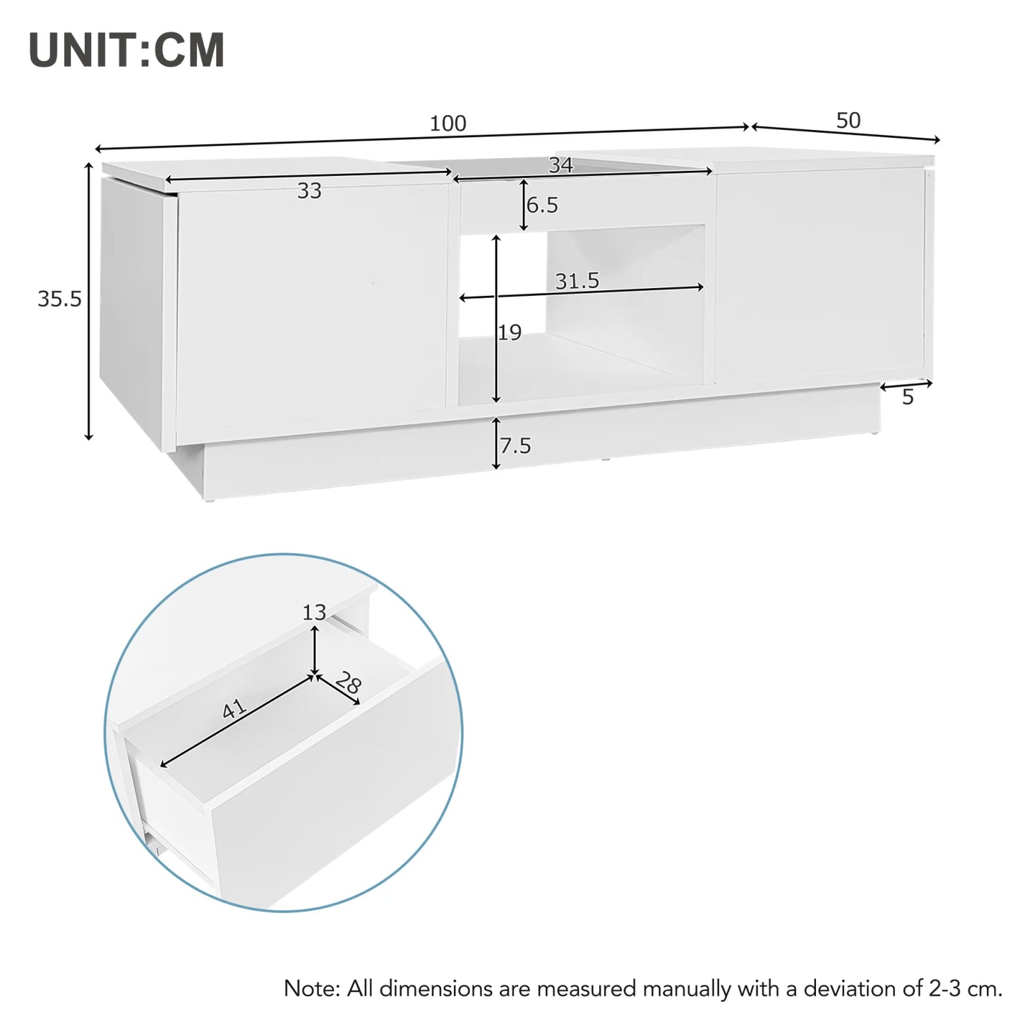 LED Lights Coffee Table For Living Room, Modern Center Table With Storage, 2 Tiers And 2 Drawers, Large Living Room Center Table