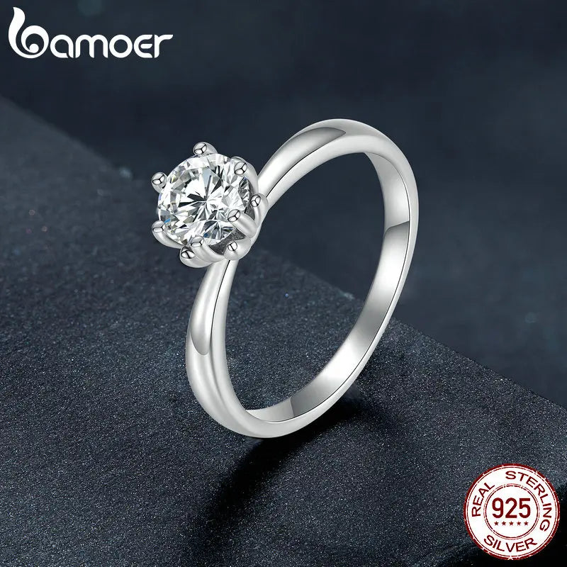BAMOER 0.8CT Round Moissanite 14K Gold Plated Ring for Women D Color VVS1 EX Lab Diamond Engagement 925 Sterling Silver Ring