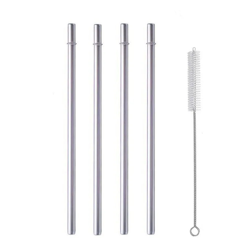 Hemasa 4pcs Stainless Steel Reusable Straws with Cleaning Brush 9.5-inches Straight Metal Straw for Tumbler Mug Cup with Stopper