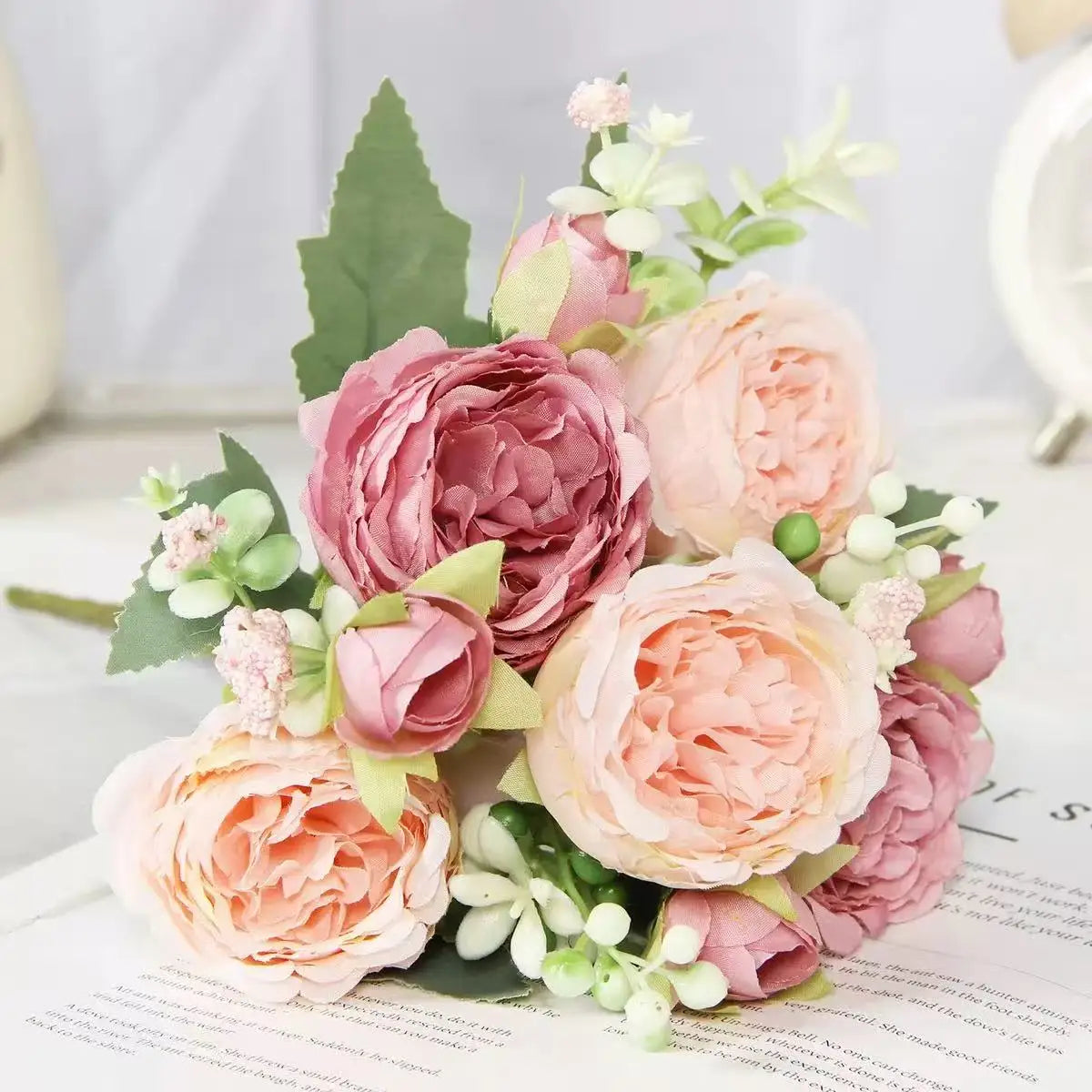 30cm Rose Pink Silk Peony Artificial Flowers Bouquet 5 Big Head and 4 Bud Cheap Fake Flowers for Home Wedding Decoration indoor