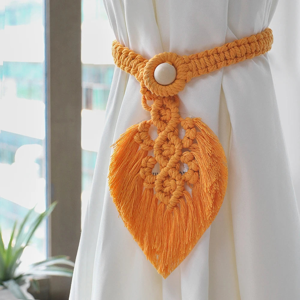 Yellow Hand Woven Macrame Curtain Tiebacks Decorative Curtain with Bead Kawaii Boho Room Decor Home Living Room Decoration Gift