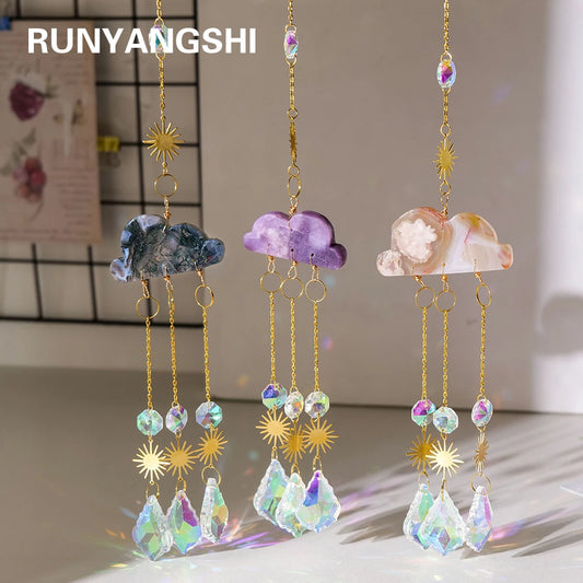 1PC Natural Crystal Cherry Agate Lepidolite Cloud Gem Carving Sun Catcher Pendant Rainbow Light Catcher Window Garden Decoration