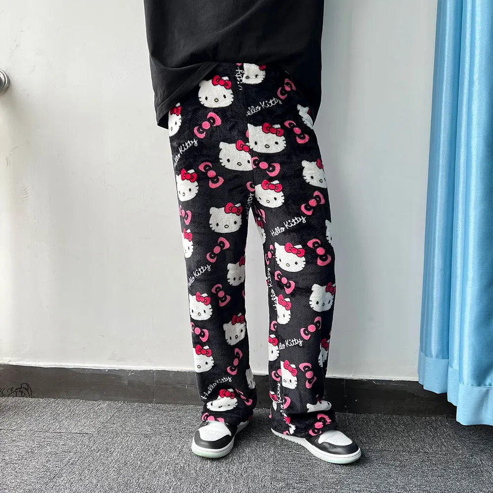 Hemasa  Hello Kitty Flannel Pajamas Black Women'S Warm Woolen Cartoon Casual Home Pants In Autumn Winter Fashion Trousers