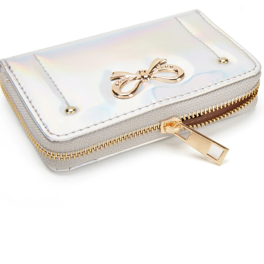 Heamsa  Pu Leather Card Holder /laser Clutch Bag/ Short Size Money Clip Bow Coin Purse for Girls
