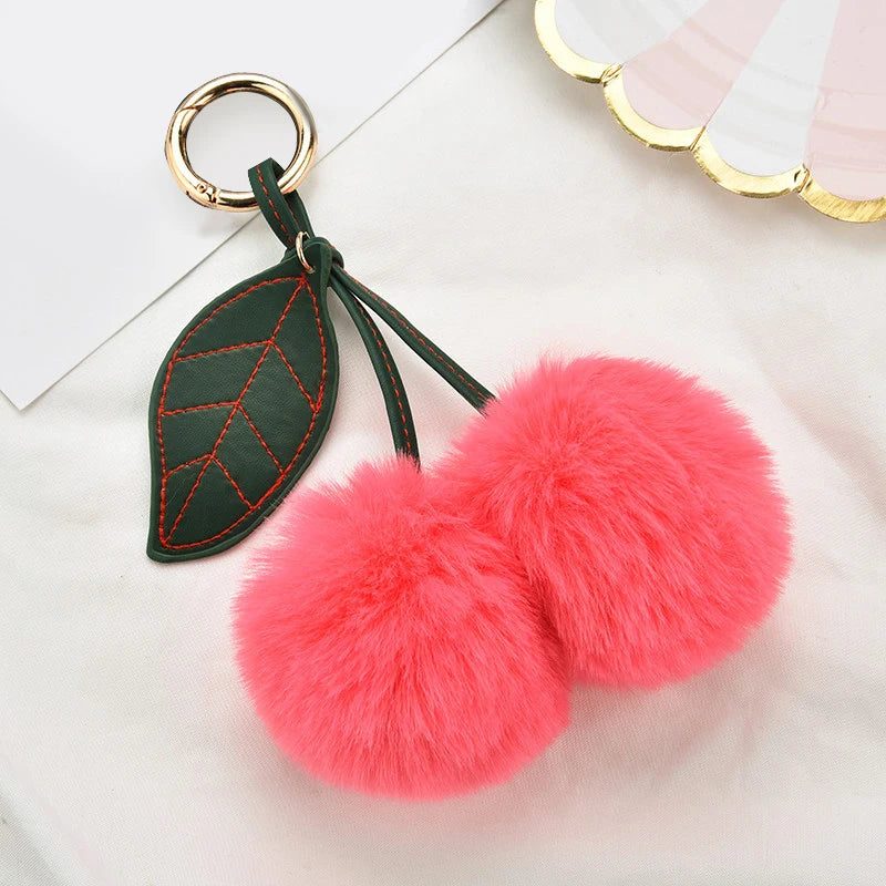 New Fashion Plush Cherry Keychains for Women Girls Fluffy Cartoon Rabbit Fur Ball Pompom Leaf Key Chains Rings Keyring Bag Gifts