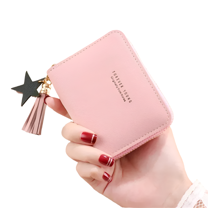 Hemasa PU Zipper Short Wallet Women Little Star Tassel Pendant Multi-card Slots Card Wallet Coin Purse