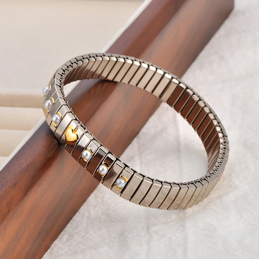 Tejesa Gold Plated Stainless Steel Elasticity Chain Bracelet with Simulated Pearl Heart Design (Color 4)