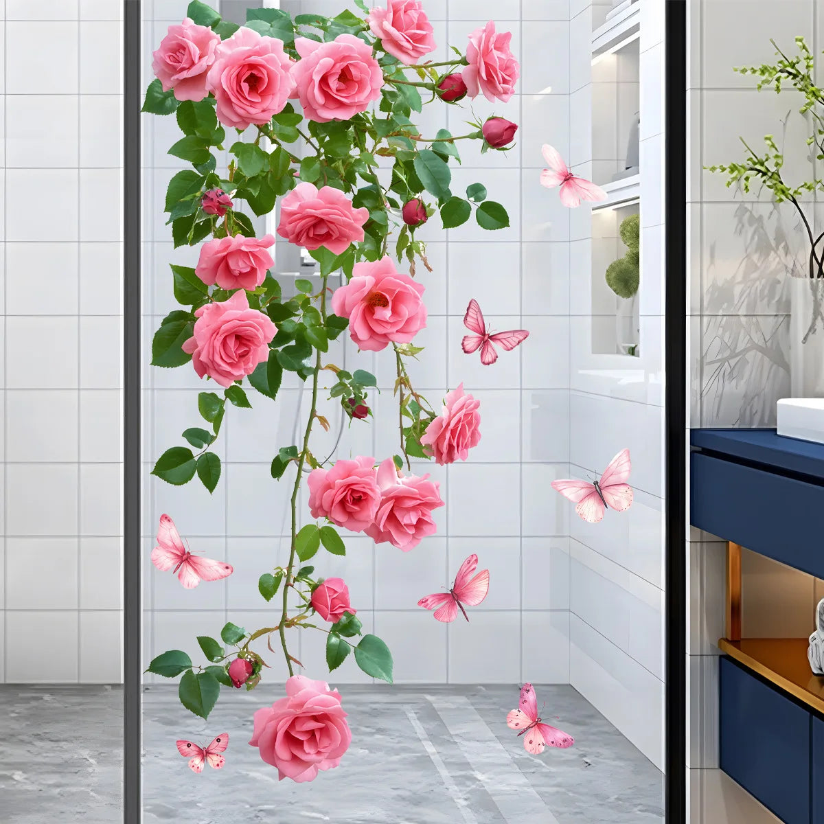 Tejesa Flower Vine Window Decal Pink Rose and Butterfly Design Bathroom Living Room Bedroom Wall Sticker Glass Door Wall Decorat