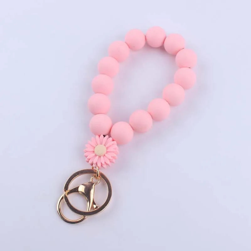 Food Grade Silicone Round Beaded Keychain Fashion Women Wristlet Bracelet Keyring For Anti-Loss Lobster Clasp Keychain Jewelry
