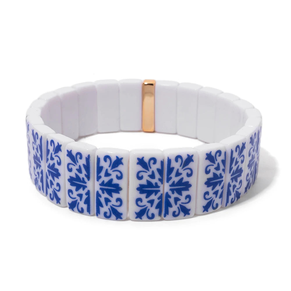 8x16mm Plastc Chinese Blue and White Porcelain Texture Beaded Bracelets For Women Handmade Spring Hand Accessory