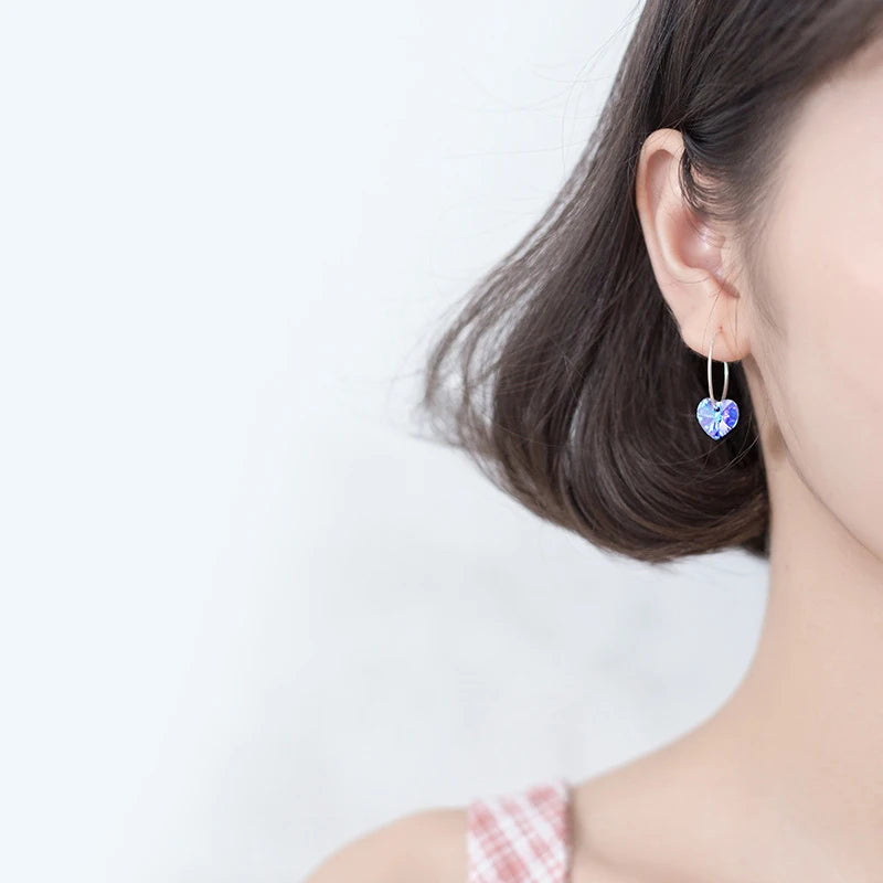 Modian Sparkling Blue Crystal Swing Hoop Earrings For Women Classic Heart 925 Sterling Silver Luxury Jewelry Female Accessories