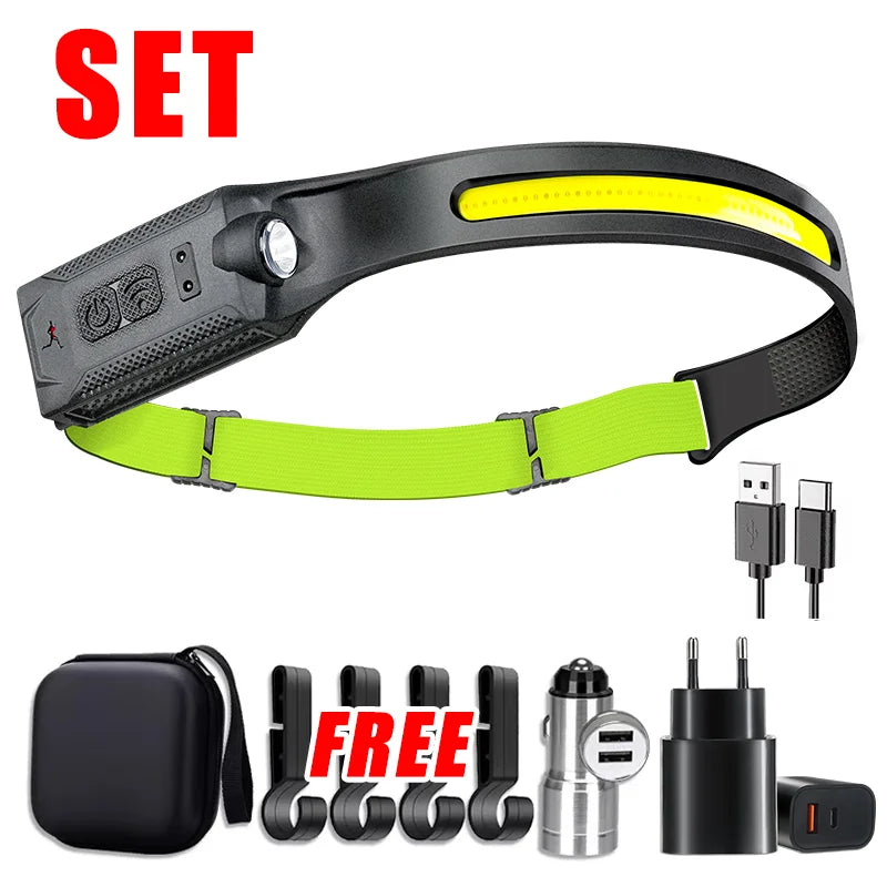 Hemasa LED COB Induction Headlamp USB Rechargeable Lamp with Built-in Battery Camping Fishing Running Headlight Working Lantern