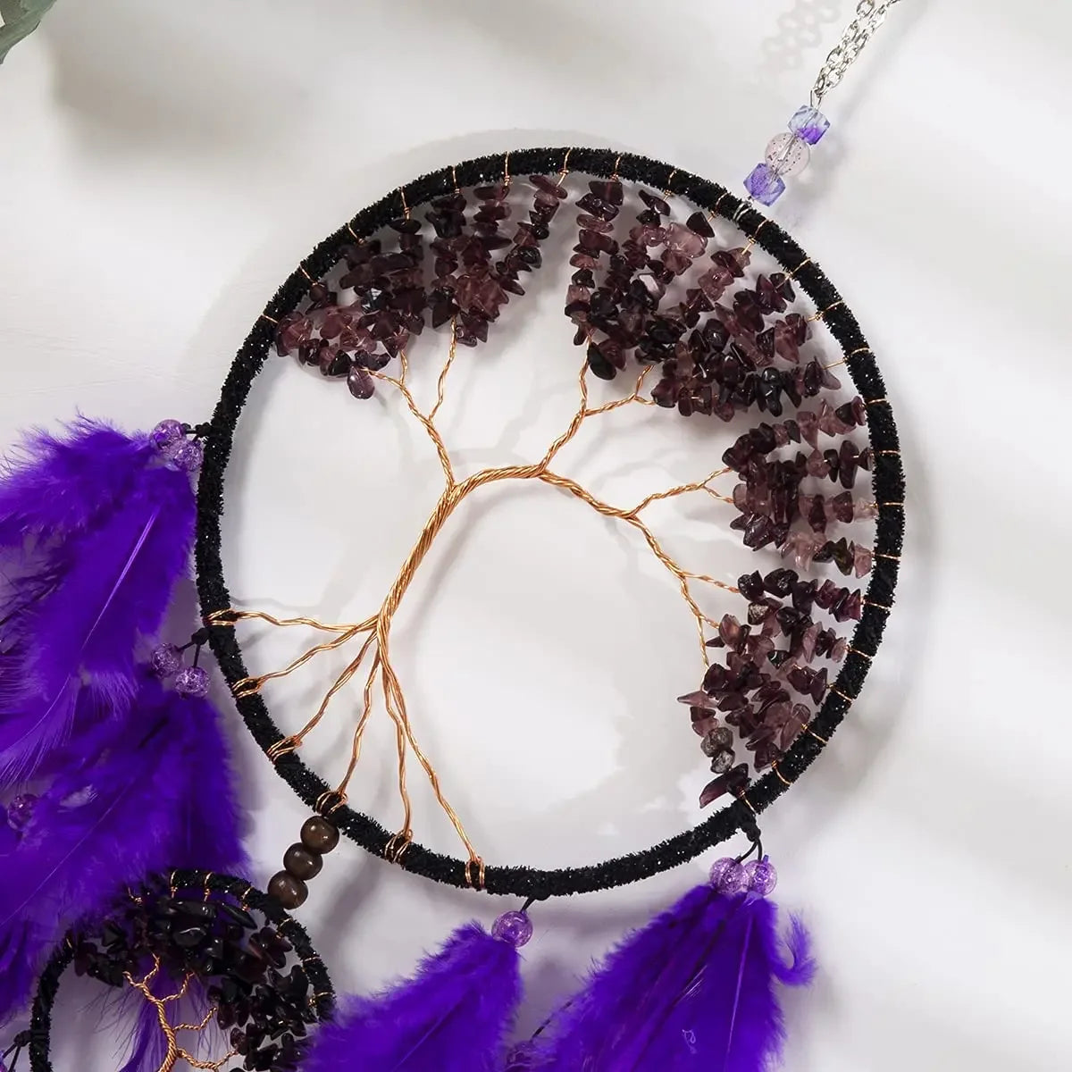 Tejesa Purple Dream Catcher   with Healing Crystal Stones /Feather Dual Tree of Life Hanging Ornament for Home/ Bedroom /Party/ Gift