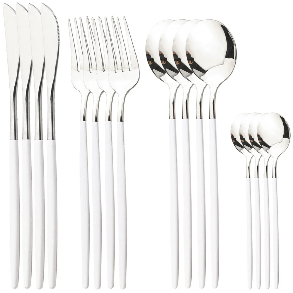 Hemasa 16Pcs Cutlery Set Stainless Steel Mirror TablewareDinner Black Gold Dinnerware Set Knife Fruit Fork Spoon Silverware Kitchen