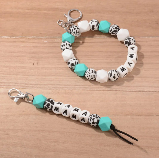 Hemasa  New Silicone Beads Letter MAMA Wristband Keychain