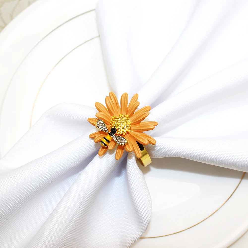 Hemasa 6Pcs Flower Bee Napkin Rings /Metal Daisy Flower Napkin Rings