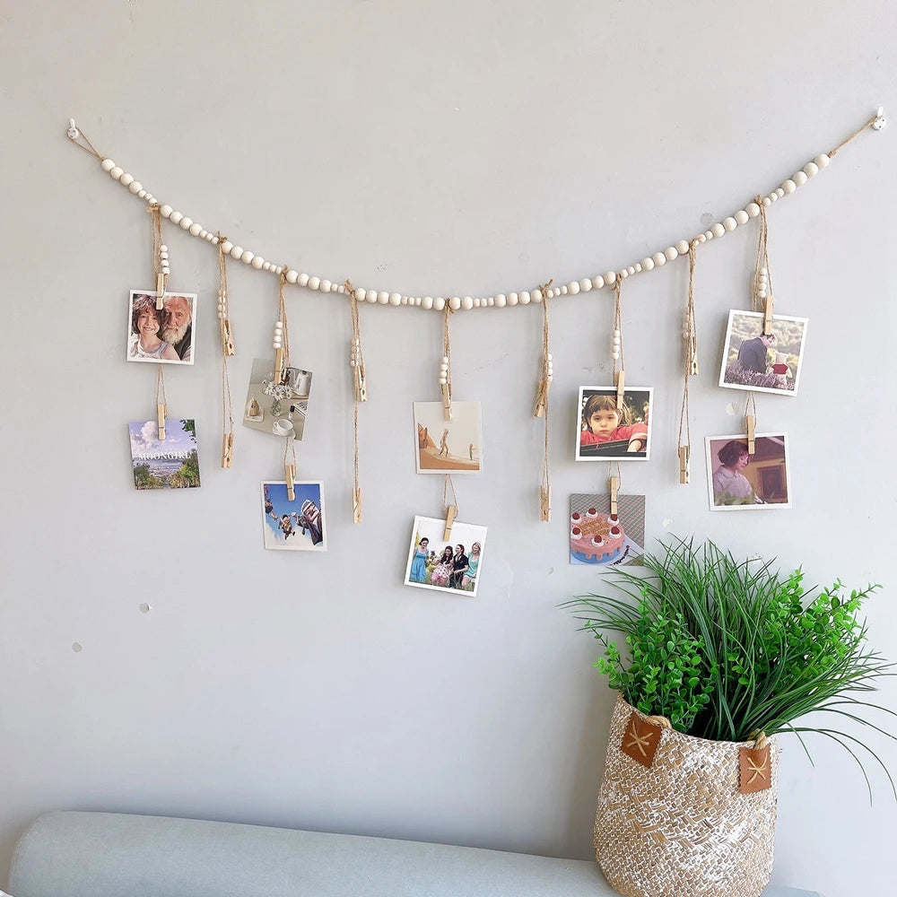 Wooden Beads Garland Wall Hanging Photo Display Boho Christmas Picture Card Frame for Home Decor Living Room Bedroom Rustic Deco