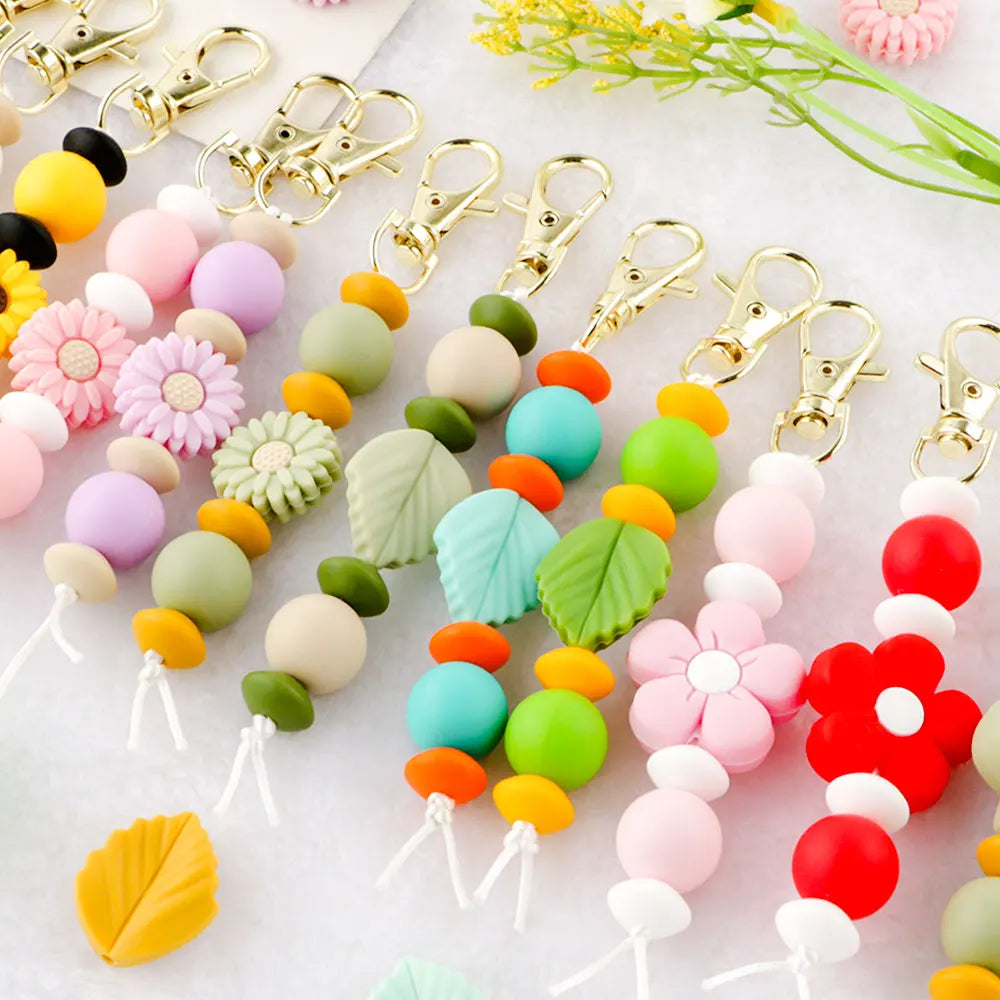 Hemasa Flowers Silicone Beaded Keychain  /  Leaves Beads Key Chains For Car