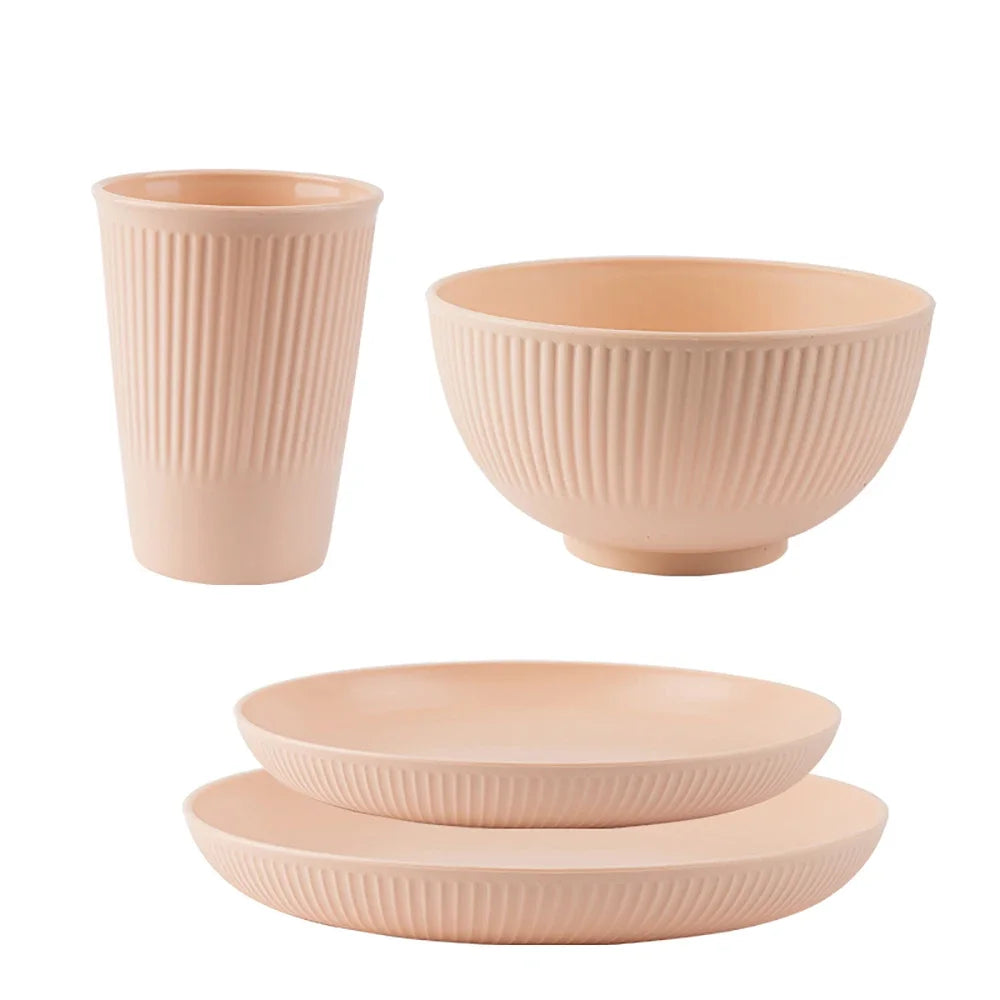 Heamsa 4Pcs Wheat Straw Tableware Set Plate Dish Bowl Cup Unbreakable Kitchen