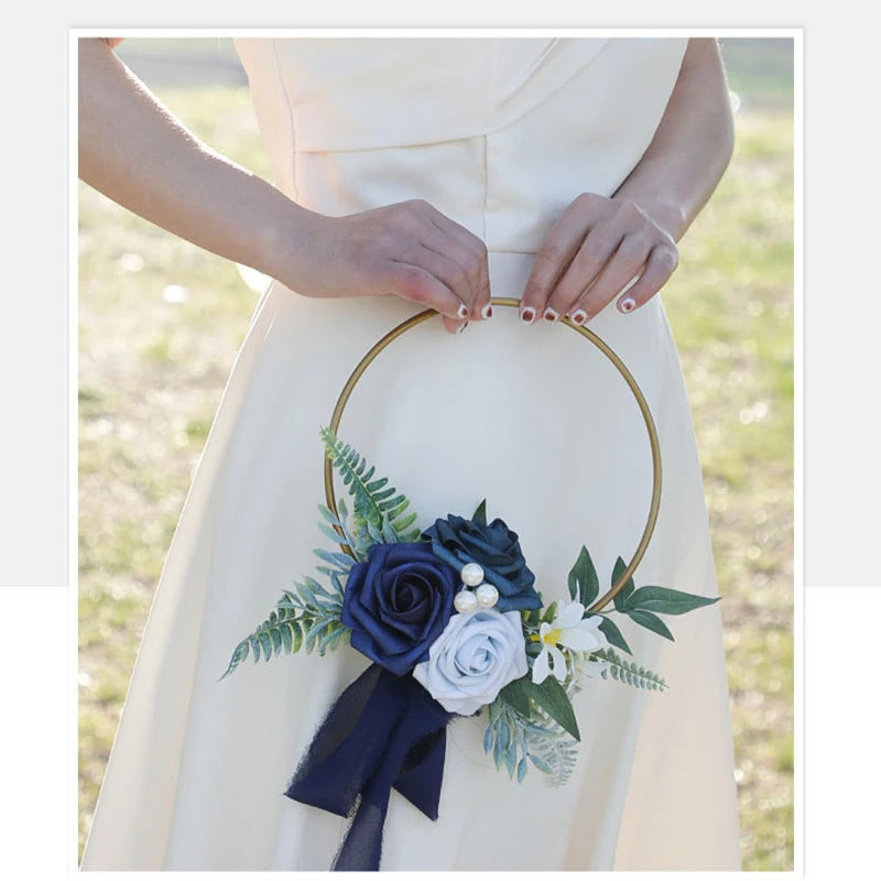 YeeNanee Wedding Gold Hoop Bouquet for Bridesmaids Floral Rose Eucalytpus Metal Ring Wreath Bridal Shower Ceremony Decoration