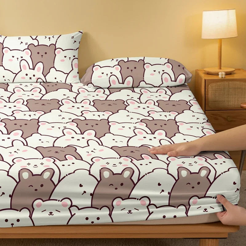 1 Cartoon Cute Teddy M-bear Printed Matte Fitted Sheet, Bedroom Printed Bed Cover, Bedding (Excluding Pillowcases)