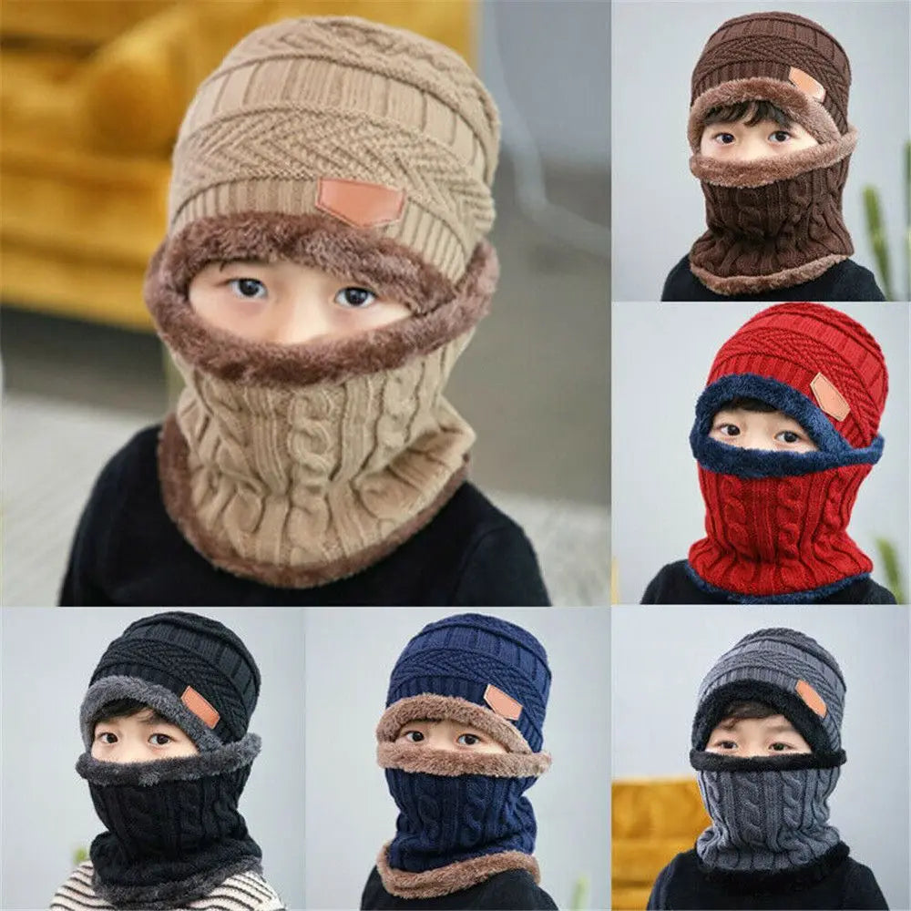 Kids Beanie Warm Hat Scarf Set Neck Cover Winter Fleece Knitted Thick Ski Cap