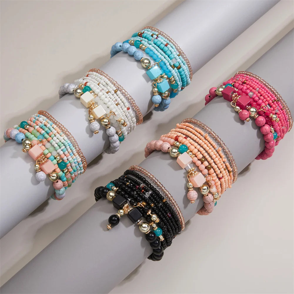 Bohemian Dopamine Colorful Beads Bracelet Set For Women Lady Handmade Elastic Multilayer Bangle Jewelry New Accessories