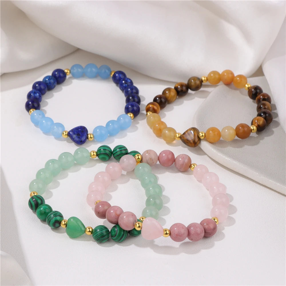 Hemasa  8mm Round Malachite Tiger Eye Jades Beads  Love Heart Bracelets