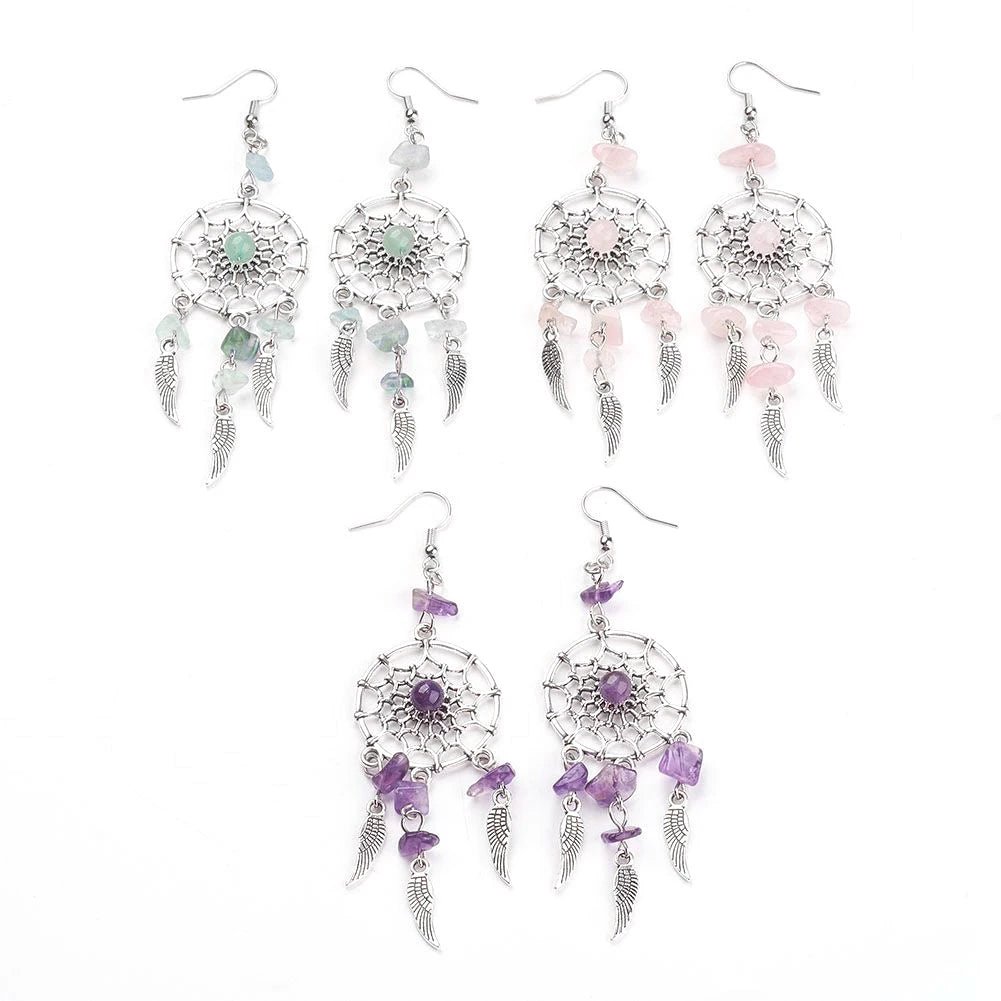 Bohemian Natural Stone Beads Dreamcatcher Keychain Women Men Boho Indians Wing Charms Key Chain On Bag Trinket Party Luck Gift