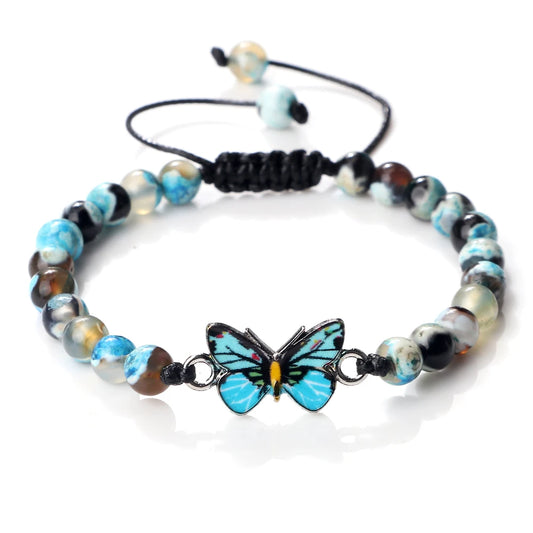 6mm Natural Stone Fashion Bracelet for Women Blue Butterfly Pendant Charm Bangles Agates Tiger Eye Lava Beads Bracelets Jewelry
