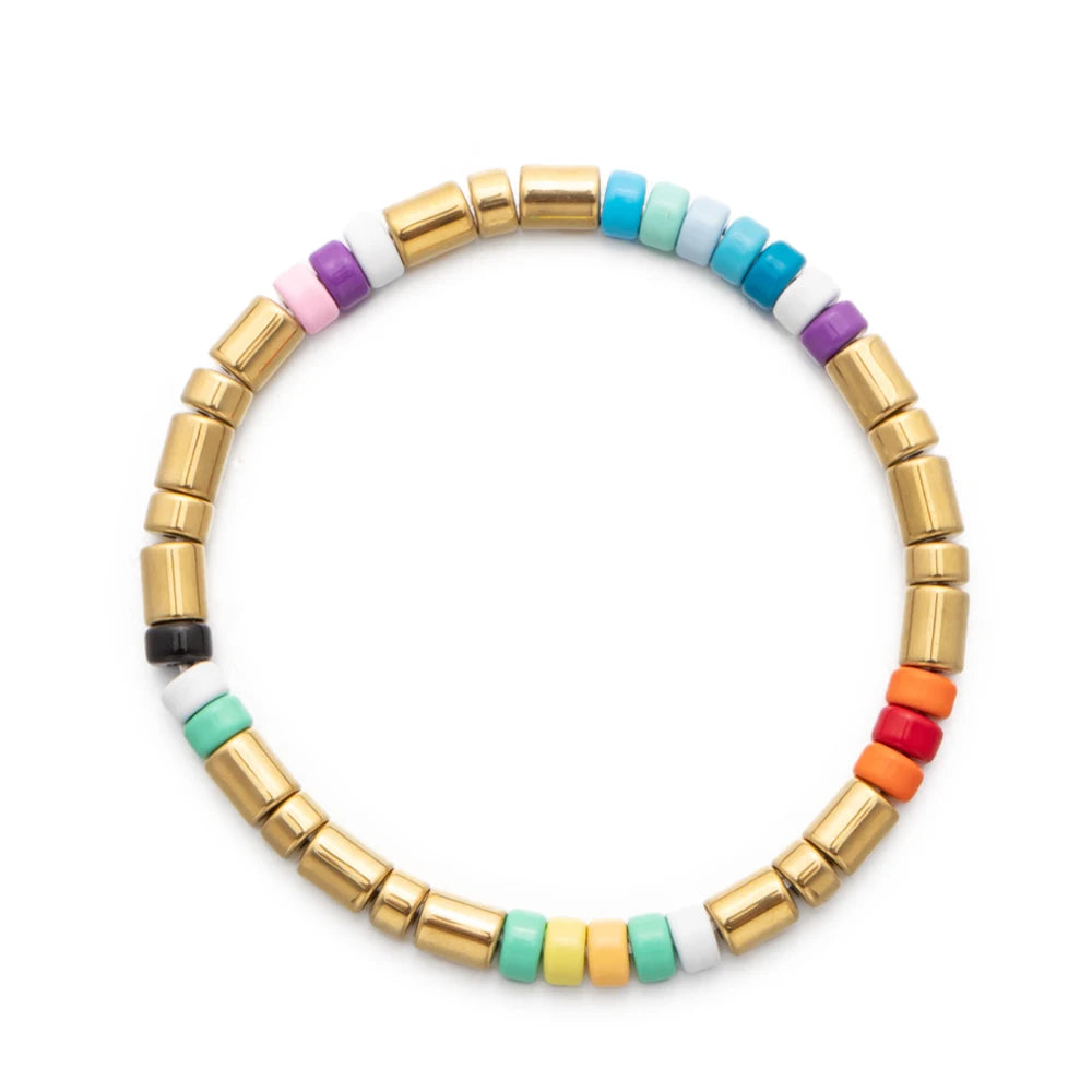 Hemasa Bohemia Multi Colors Tile Beads  Dazzling Gold Plated Rainbow Enamel Beaded Bracelets