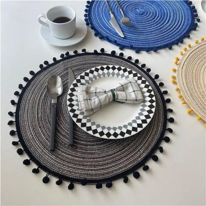 Hemasa Set of 4pcs Cotton Woven Rattan Heat-Resistant Tablemats with pom poms, Available in 7 colours