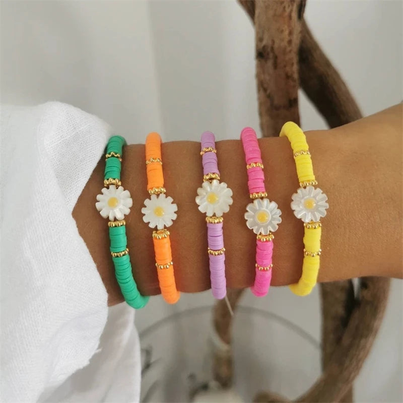 Hemasa Set of 5  Flower Daisy Bracelets Multicolor Heishi Bracelet for Women Boho Summer Jewelry Stack Polymer Clay Beads Elastic Pulseras