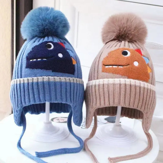 Winter Children's Thickened Knitted Hats For Boy Girl Cotton Warm Hat Cartoon Dinosaur Kids Toddler Ear Protection Beanies Cap