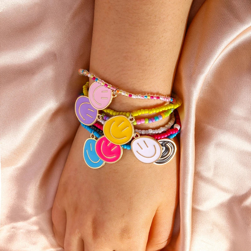Hemasa 7Pcs/Set Bohemian Handmade Colorful Beads Bracelet for Women Cute Smile Face Charms Bracelets Girls Party Holiday Jewelry Gifts