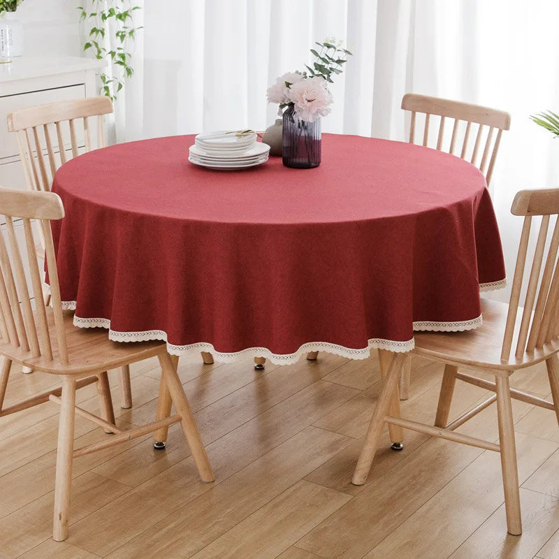 Tejesa Round Solid Color Faux Linen Tablecloth with Lace Trim-Waterproof/Spill Proof/Stain Resistant/Oil Proof-for Banquet,Parties