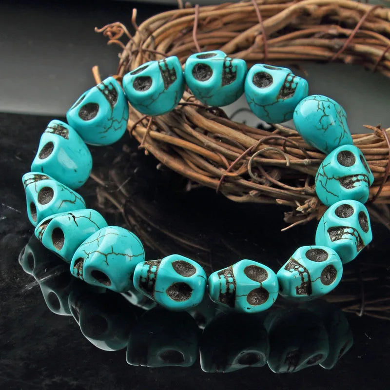 Turquoise Skull Bracelet Men Fine Jewelry Skulls Head Beads Elastic Beaded Bracelets Gemstone Bangle Women Male Gifts Accessorie