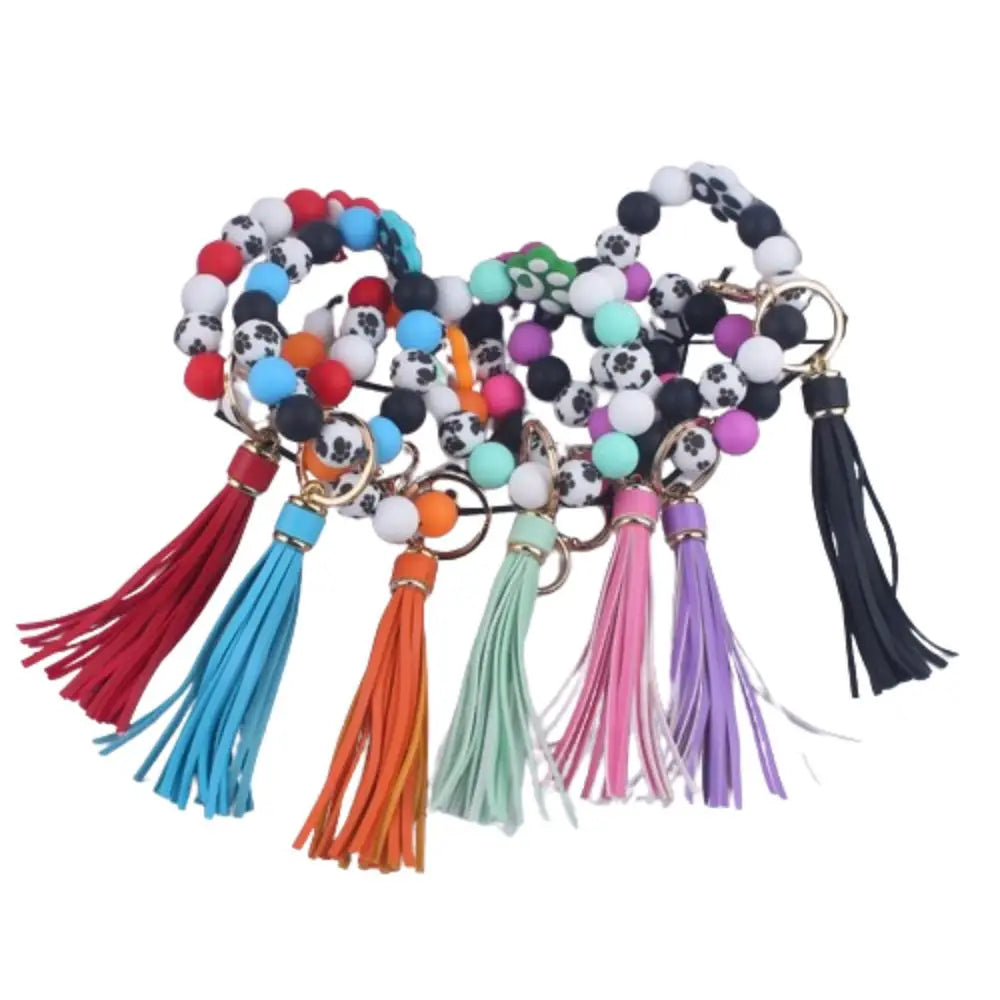 Creative Wristlet Keychain Portable Silicone Beaded Dog Claw Pendant Bracelet with Leather Tassel English Alphabet