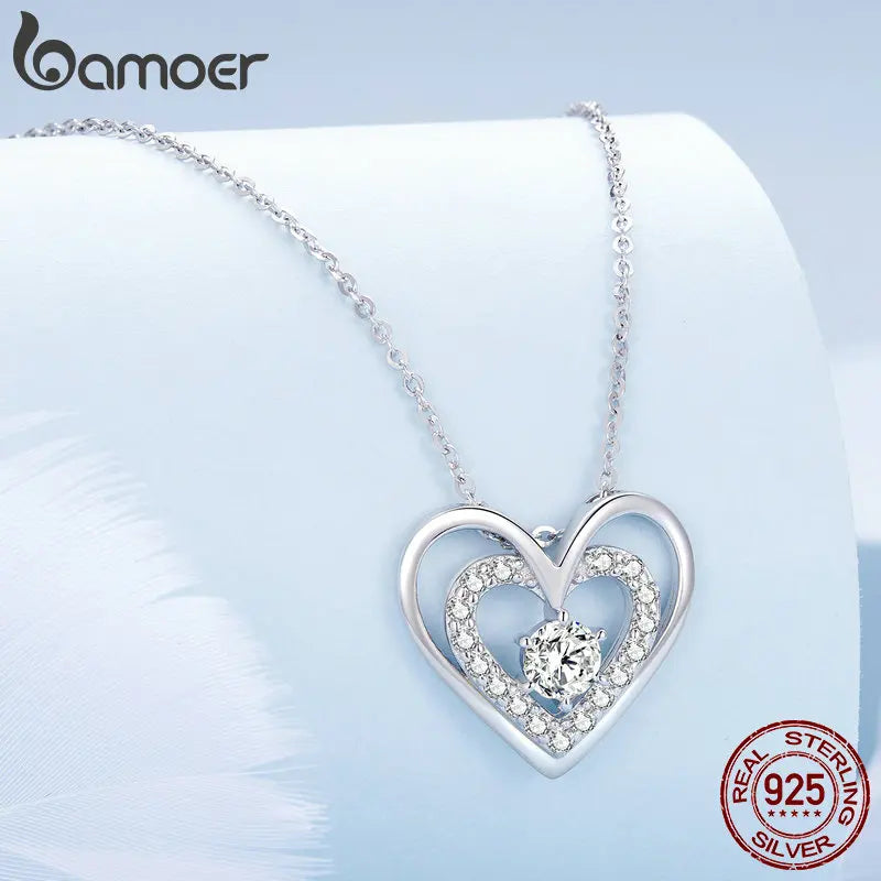 Bamoer 925 Sterling Silver Sparkling Double Heart Pendant Necklace Dancing Heart Neck Chain for Women Valentine's Day Gift
