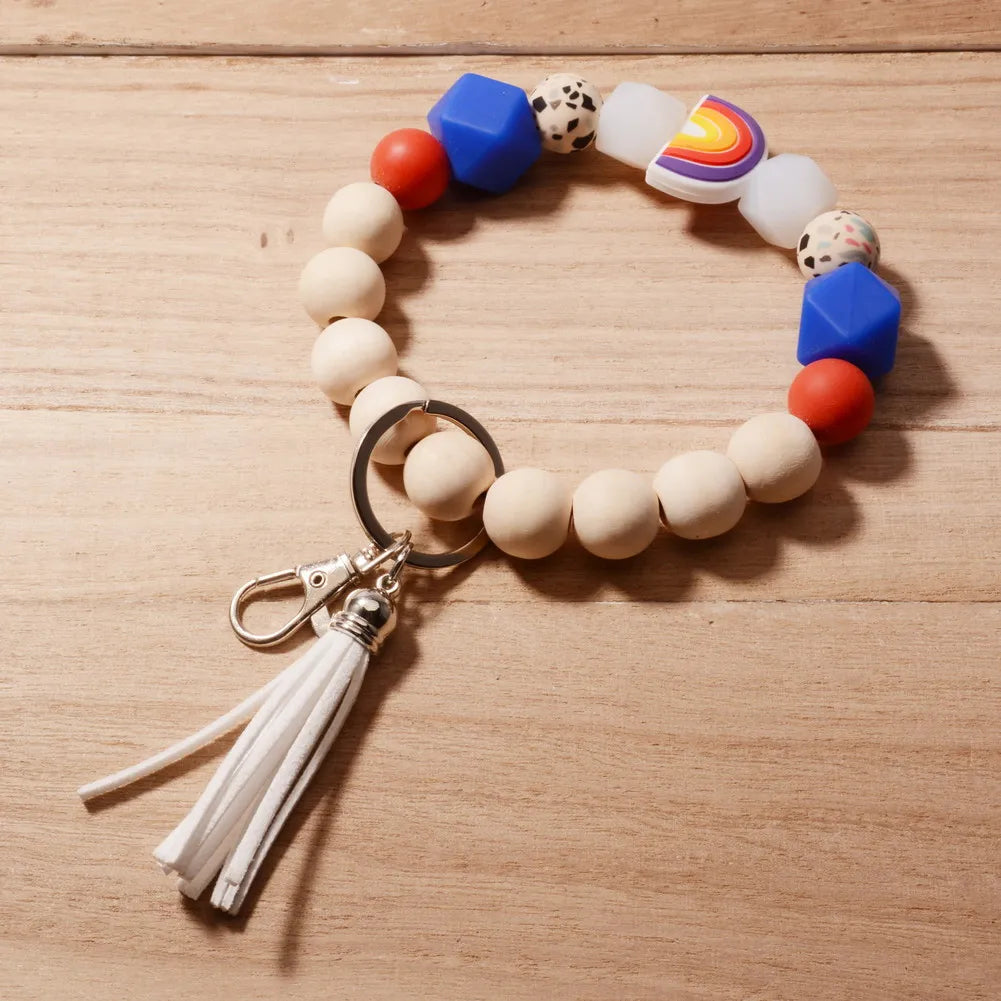 New Fashion Silicone Keychain For Keys Rainbow Color Silicone Beads Tassel Keyrings Women Men Beaded Bracelet Keychain Wholesale