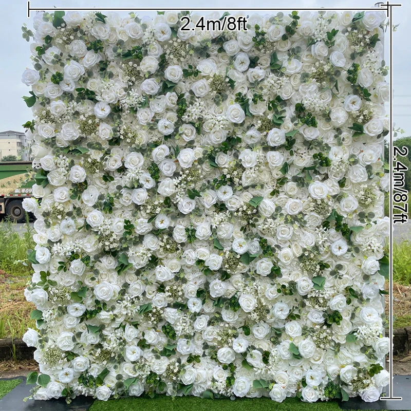 Rose Hydrangea Green Leaf Artificial Flowers Wall Cloth White Roll Up Curtain Hang Floral Wedding Event Backdrop Decor Props