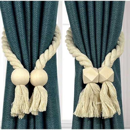 2 Pieces Magnetic Curtain Tie-backs Boho Style Hand-woven Solid Wood Room Accessories Clip Holder Elegant Curtains Home Decor