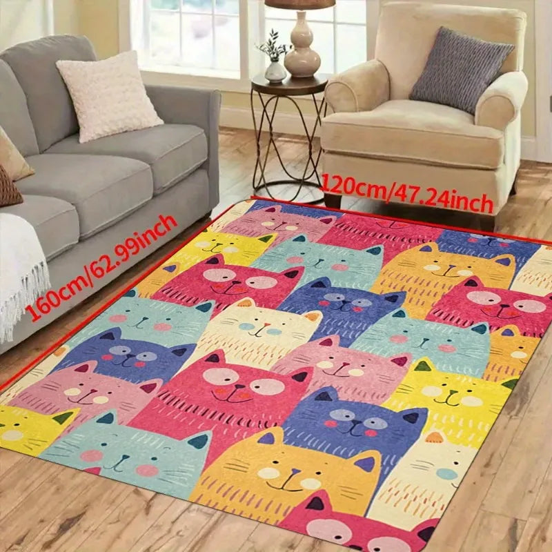 Hemasa Cute Cartoon Cat Pattern, Hippie, Large Size Area Rug, Sofa Coffee Table Rug Home Soft Area Rug, Teens Bedroom Decor Floor Mat