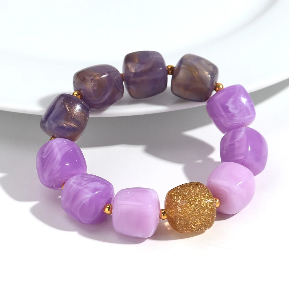 New Multicolor Acrylic Geometric Bead Bracelet for Women Trendy Resin Irregular Square Elastic Bracelets Handmade Jewelry Gift