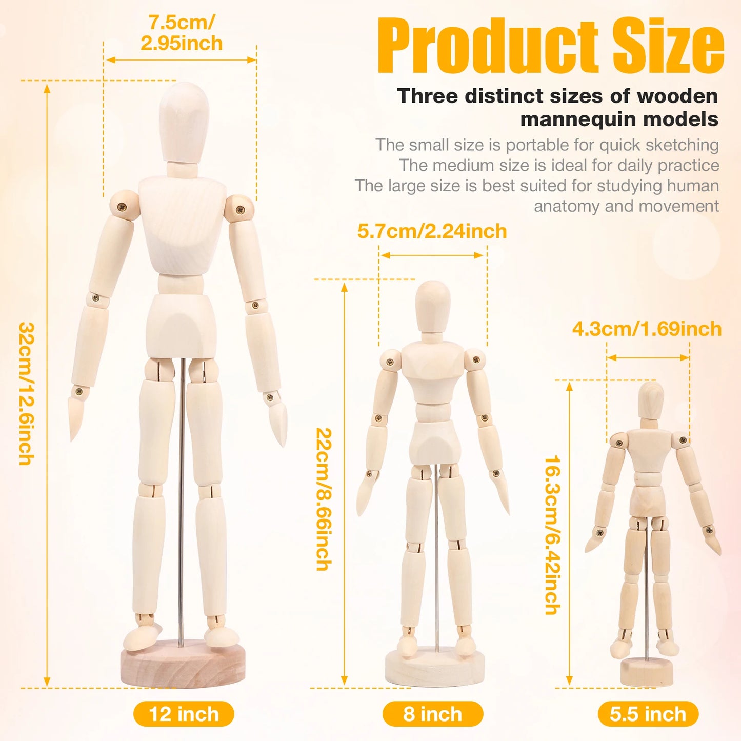 3Pcs Mannequin Doll Ornament 5.5/8/12inch Wooden Manikin with Flexible Joints for Home Office Decora Sketching Drawing Painting