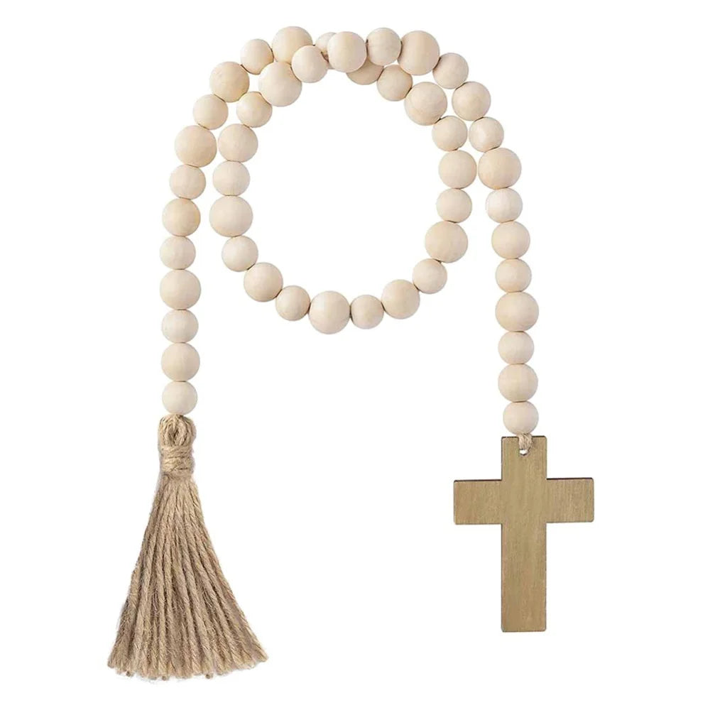 Wood Bead Garlands With Cross Farmhouse Natural Wood Beads Garland Decor For Tiered Tray Rustic Christmas Ornaments