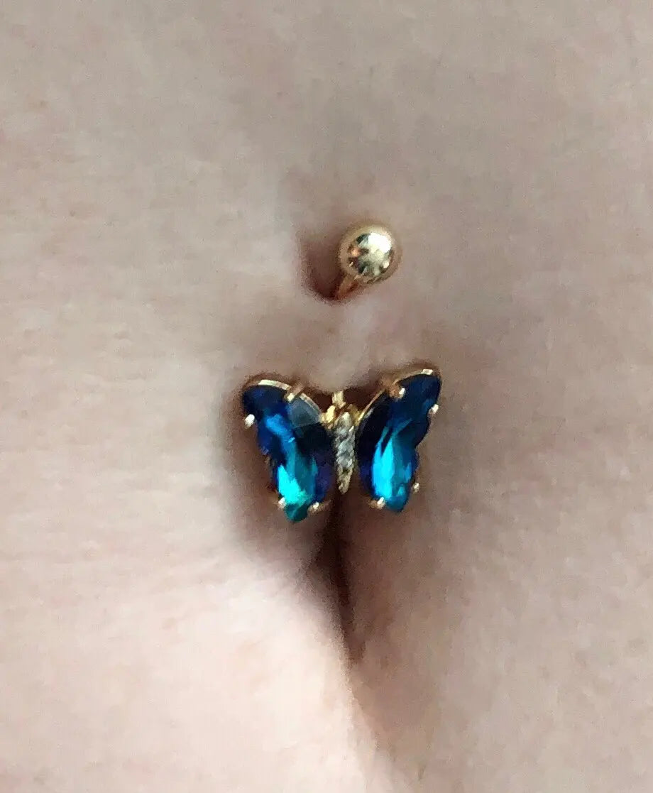 Colorful Crystal Butterfly Navel Earring 16G 10mm Surgical Steel Belly Button Piercing Rings Woman Ear Lobe Stud Body Jewelry