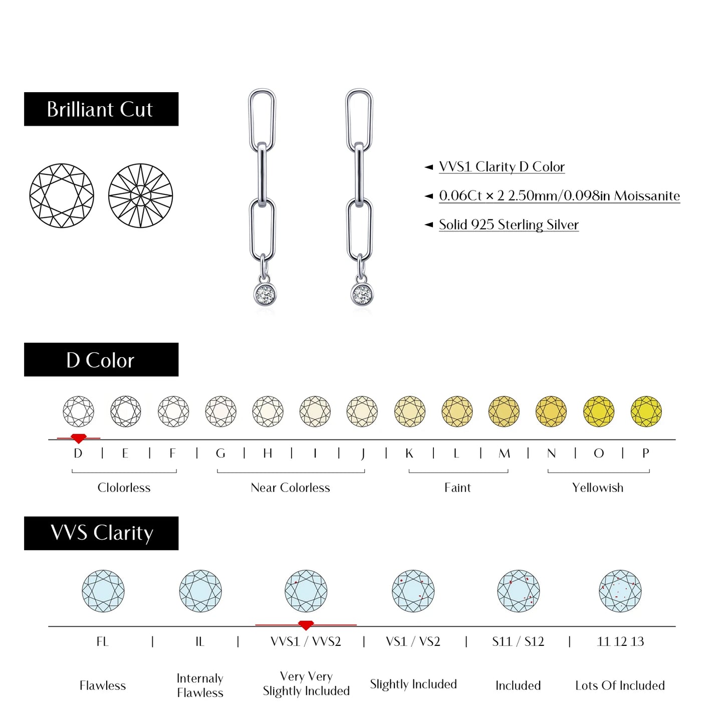 MODIAN VVS1 Clarity D Color Moissanite Earrings 925 Sterling Silver Fashion Link Chain Stud Earrings For Women Fine Jewelry