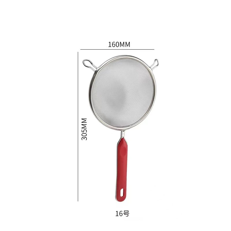 10 Sizes 201 Stainless Steel Strainer Colander Fine Mesh Oil Skimmer PP Red Handle Food Noodles Flour Sieve Frying Scoop